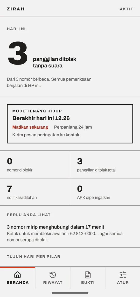 Layar Beranda Zirah dengan Mode Tenang hidup dan waktu berakhirnya hari ini pukul 12.26.