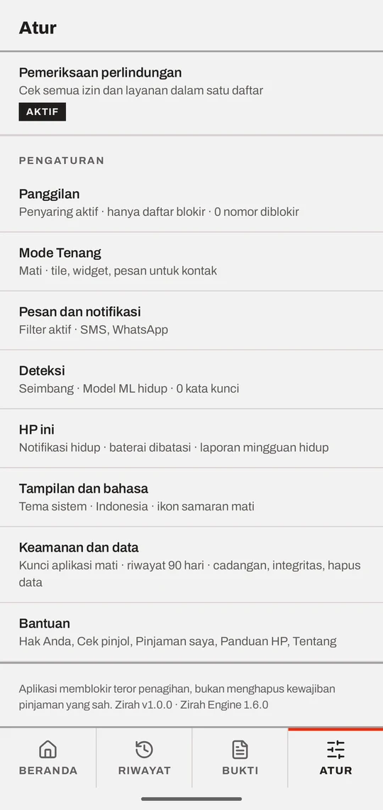 Layar Atur Zirah: pemeriksaan perlindungan, panggilan, Mode Tenang, pesan dan notifikasi, deteksi, HP ini, tampilan, keamanan dan data.