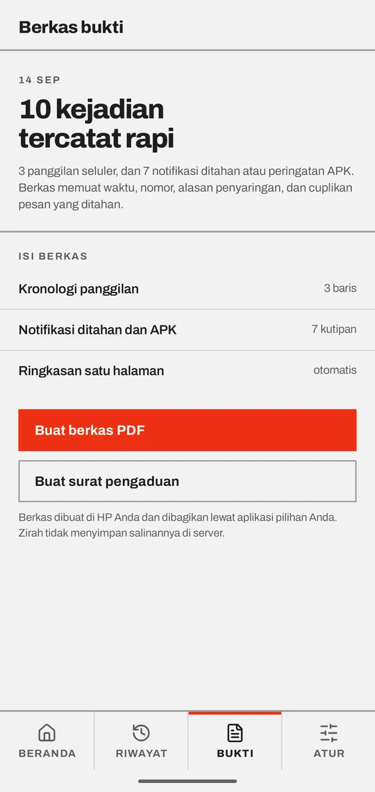 Layar Berkas bukti Zirah: 10 kejadian tercatat, tombol Buat berkas PDF dan Buat surat pengaduan.