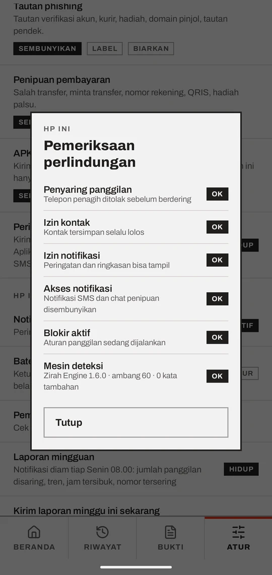 Dialog Pemeriksaan perlindungan Zirah: penyaring panggilan, izin kontak, izin notifikasi, akses notifikasi, blokir aktif, mesin deteksi — semuanya OK.