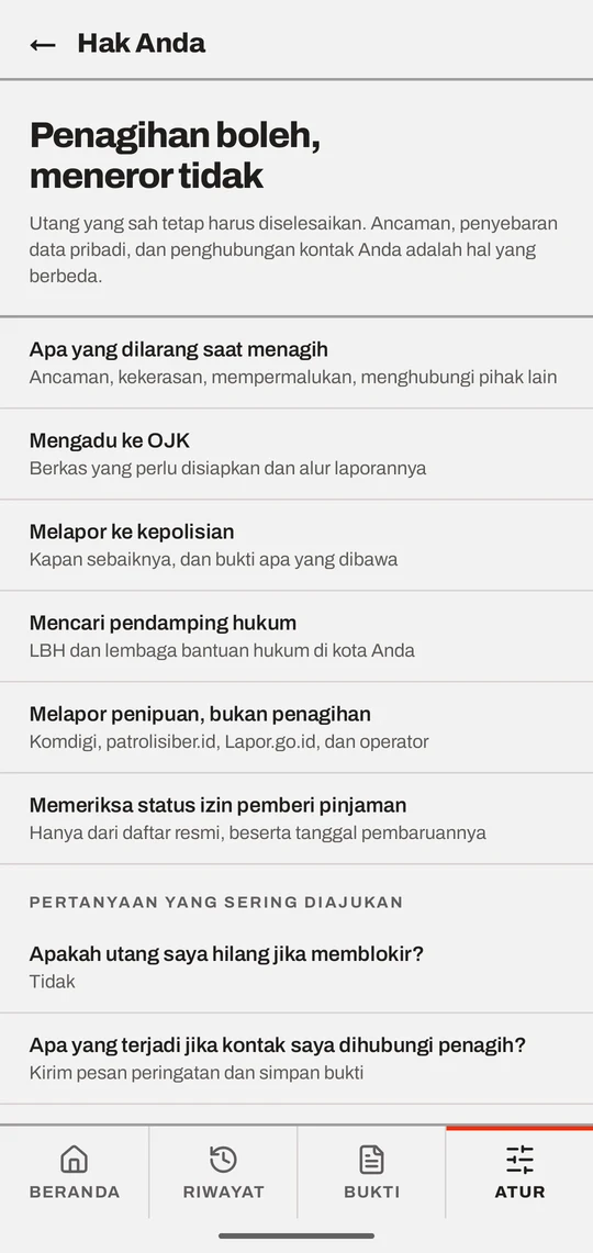 Layar Hak Anda di Zirah: penagihan boleh, meneror tidak, dengan panduan mengadu ke OJK, polisi, dan pendamping hukum.