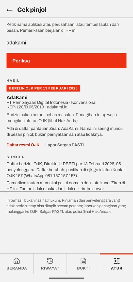 Layar Cek pinjol Zirah: hasil pemeriksaan AdaKami berizin OJK, dan kartu peringatan kemungkinan phishing untuk bca-verifikasi.com.